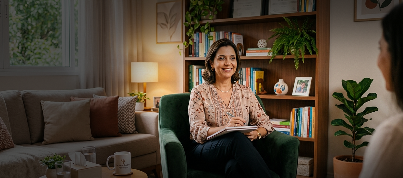 Psicóloga Julia em um consultório acolhedor